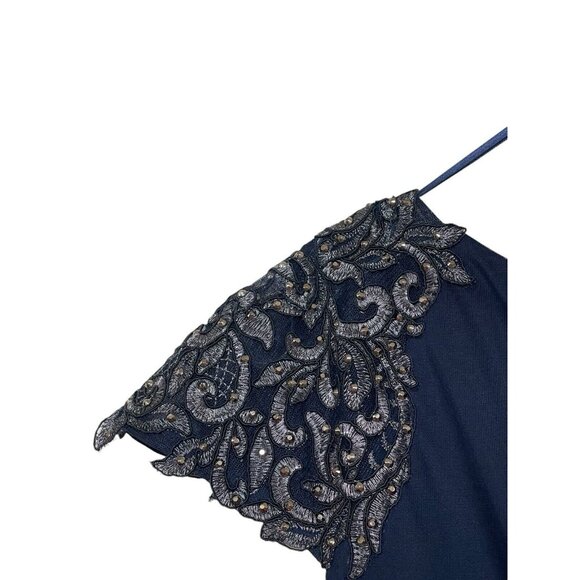Xscape Dress Womens Size 14 Blue Embroidered Studded Short Sleeve Evening Gown - Picture 8 of 10